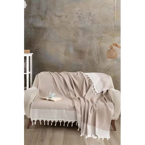 Naturel Pamuklu El Bağlamalı Saçaklı Koltuk Örtüsü - Koltuk Şalı 170x220 cm Açık Kahverengi