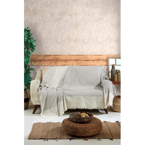Naturel Pamuklu El Bağlamalı Saçaklı Koltuk Örtüsü - Koltuk Şalı 170x220 cm Gri