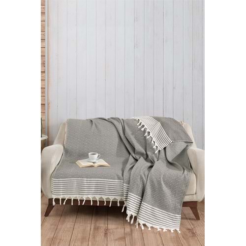 Naturel Pamuklu El Bağlamalı Saçaklı Koltuk Örtüsü - Koltuk Şalı 170x220 cm Antrasit