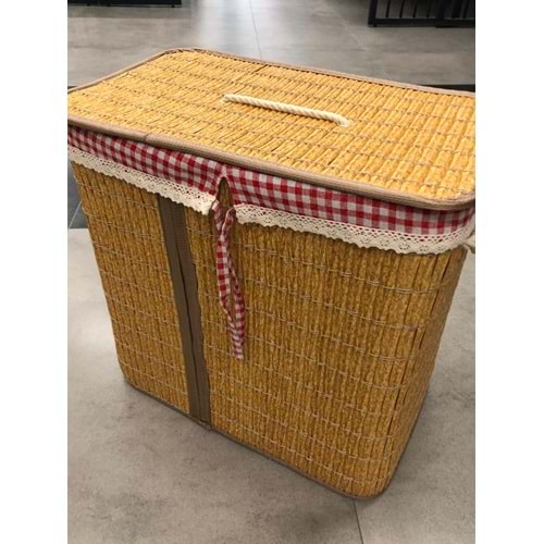 Rattan Katlanabilir Dikdörtgen Çamaşır Sepeti -Çift Bölmeli Naturel