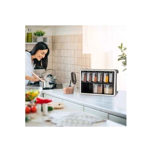Standlı 9 lu Kaşıklı Kapaklı Plastik Baharatlık Takımı