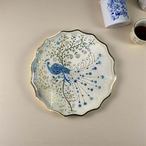 Özel Tasarım El Yapımı Ahşap , Cam Görünümlü Tepsi Tavuskuşu Yuvarlak