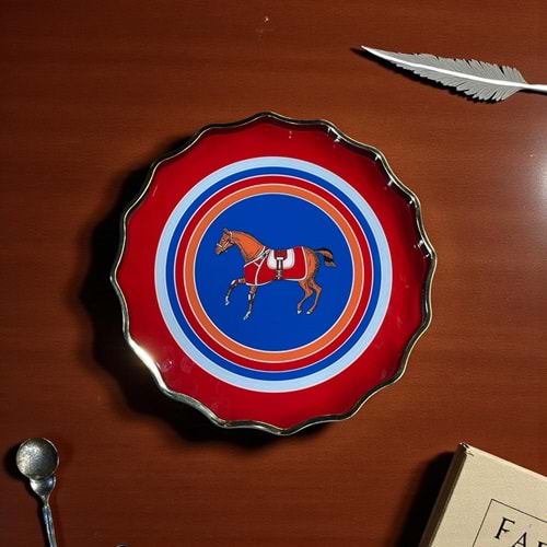 Özel Tasarım El Yapımı Ahşap , Cam Görünümlü Tepsi Horse Kırmızı Yuvarlak