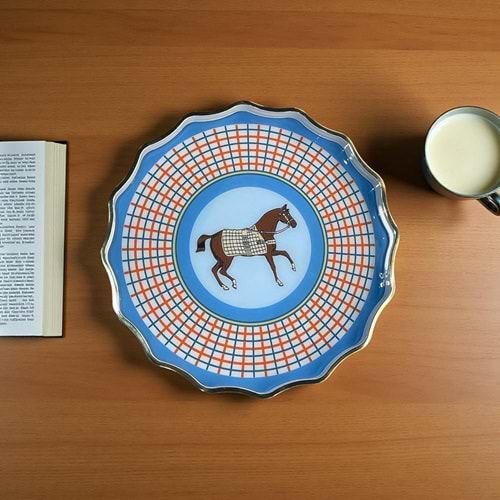 Özel Tasarım El Yapımı Ahşap , Cam Görünümlü Tepsi Horse Mavi Yuvarlak