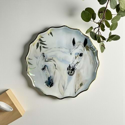 Özel Tasarım El Yapımı Ahşap , Cam Görünümlü Tepsi Horse Beyaz Yuvarlak