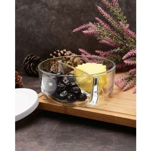 İki Bölmeli Kapaklı Cam Kahvaltılık Saklama Kabı - Beyaz Kapaklı -2 Adet -785 cc