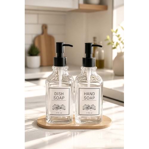 Bambu Tepsili İkili Cam Sıvı Sabunluk ve Deterjanlık 500 Ml