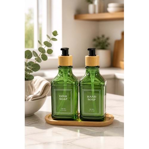 Bambu Tepsili İkili Cam Sıvı Sabunluk ve Deterjanlık 500 Ml Yeşil