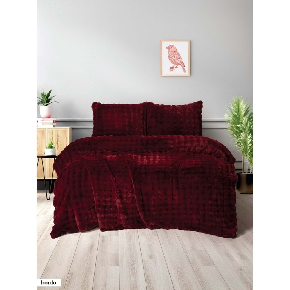 Çift Kişilik Yatak Örtüsü- Kürk Bubble Comforter Set 3 Parça Bordo