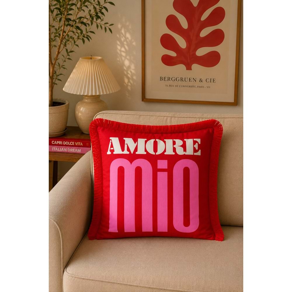 Çift Taraflı Dekoratif Saçaklı Kırlent Kılıfı Amore 43x43 cm -1 Adet