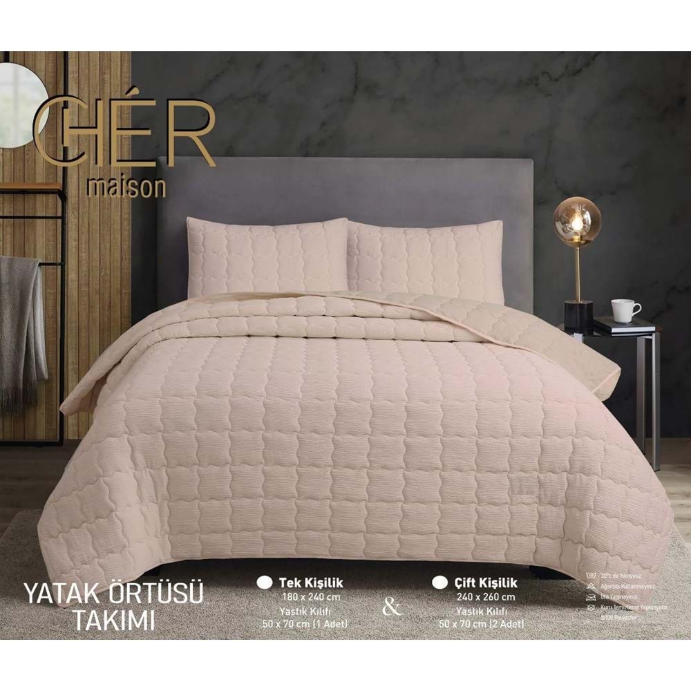 Çok Amaçlı Yastık Kılıflı Çift Kişilik Yatak Örtüsü Pudra