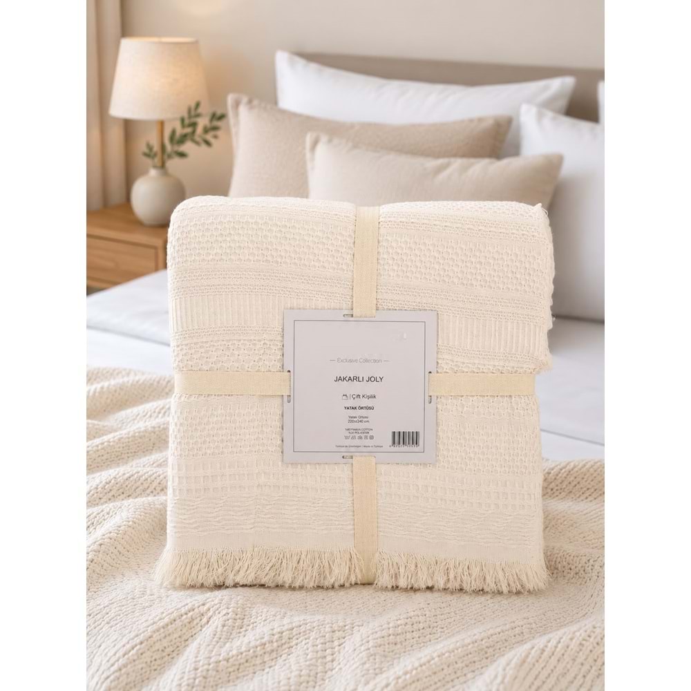 %100 Pamuklu Püsküllü Pike Yatak Örtüsü -220x240 cm Joly Krem
