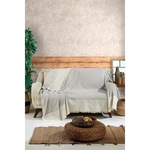 Naturel Pamuklu El Bağlamalı Saçaklı Koltuk Örtüsü - Koltuk Şalı 170x220 cm Gri