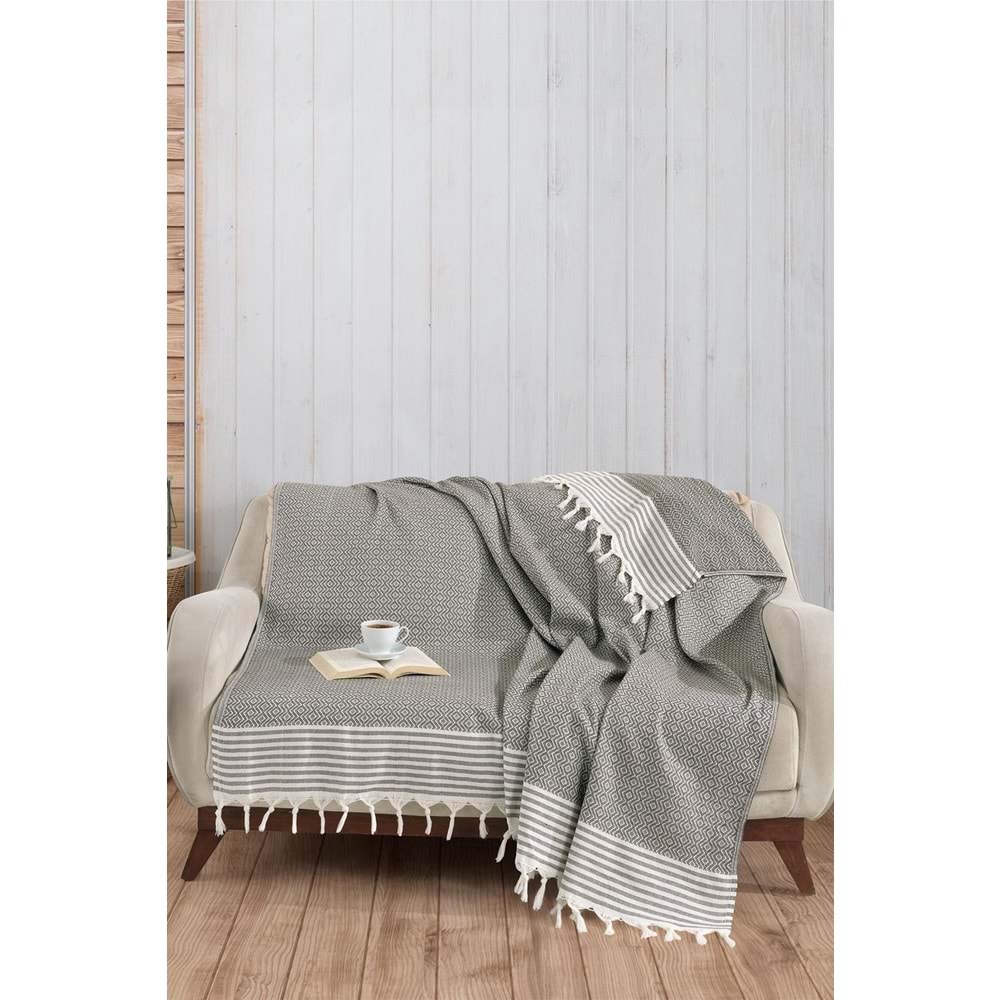 Naturel Pamuklu El Bağlamalı Saçaklı Koltuk Örtüsü - Koltuk Şalı 170x220 cm Antrasit