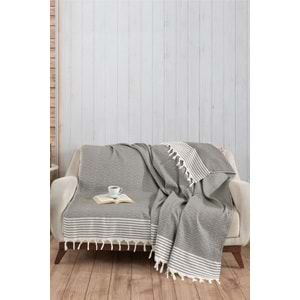 Naturel Pamuklu El Bağlamalı Saçaklı Koltuk Örtüsü - Koltuk Şalı 170x220 cm Antrasit