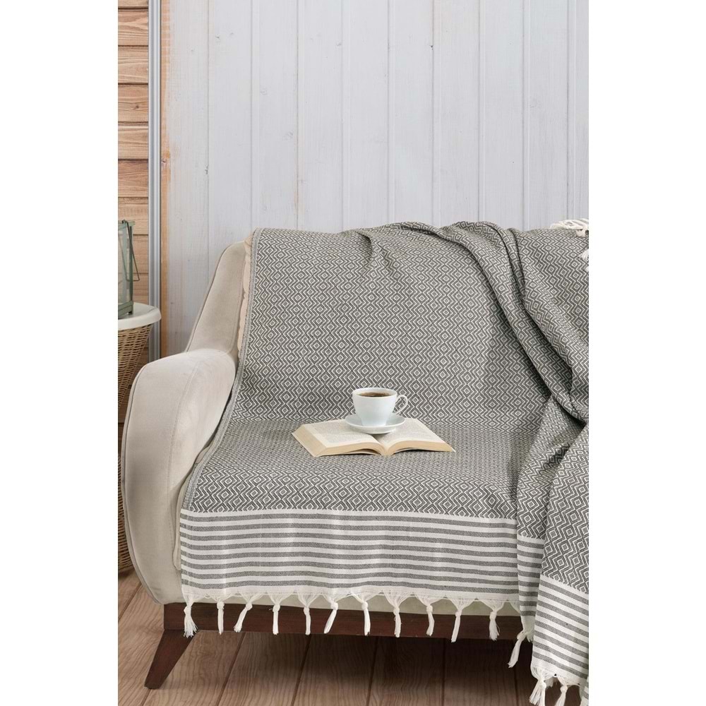 Naturel Pamuklu El Bağlamalı Saçaklı Koltuk Örtüsü - Koltuk Şalı 170x220 cm Antrasit