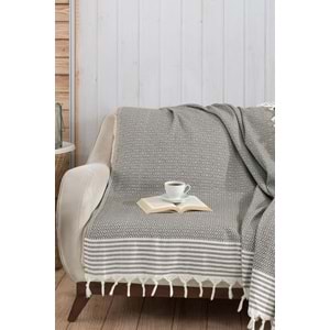 Naturel Pamuklu El Bağlamalı Saçaklı Koltuk Örtüsü - Koltuk Şalı 170x220 cm Antrasit