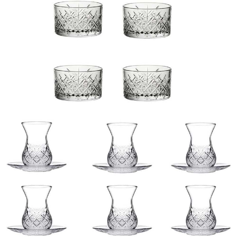 Paşabahçe Timeless Kesme Kristal 16 Parça Çerezlik Tatlı Sunum Kase + Çay Bardak Takımı Seti