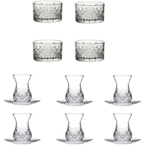 Paşabahçe Timeless Kesme Kristal 16 Parça Çerezlik Tatlı Sunum Kase + Çay Bardak Takımı Seti