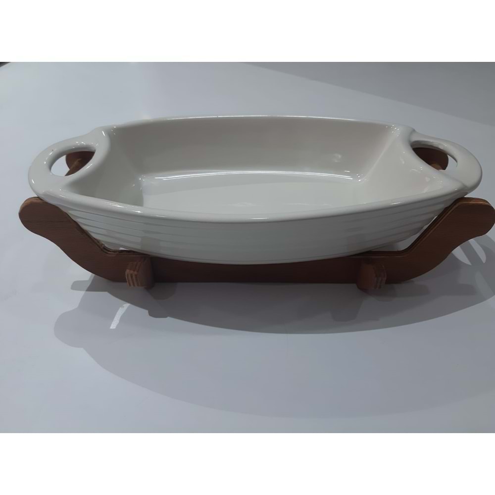 Ahşap Standlı Seramik Kulplu Gondol Fırın ve Sunum Kabı