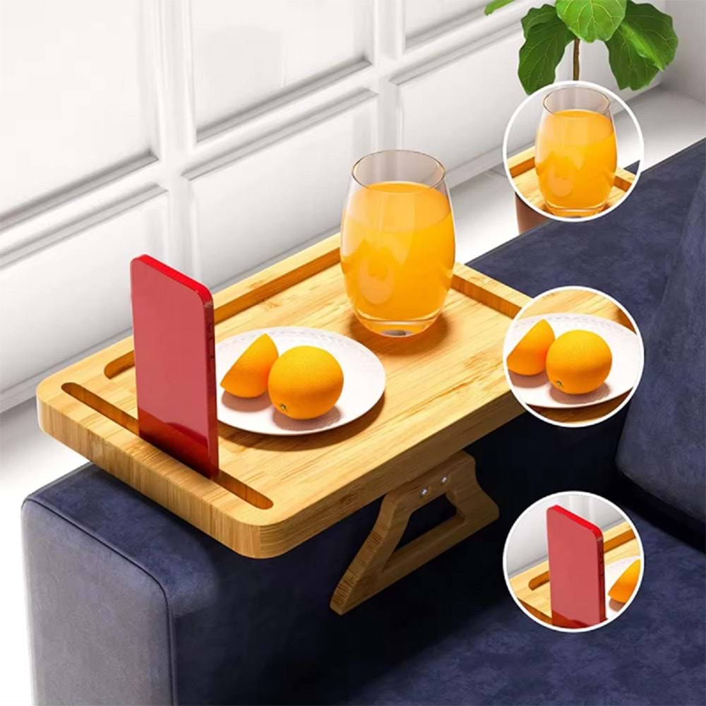 Doğal Bambu Dikdörtgen Telefon Tutuculu Koltuk Tepsisi/Sehpası