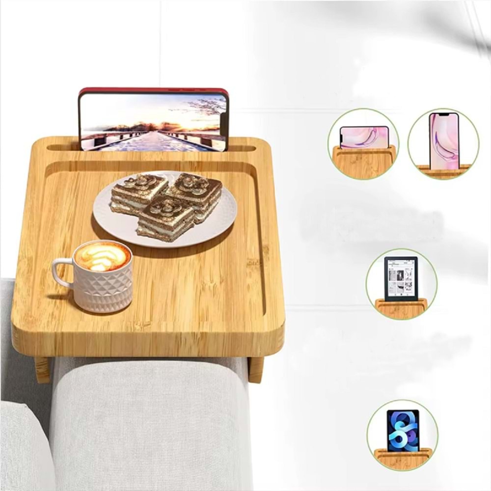 Doğal Bambu Dikdörtgen Telefon Tutuculu Koltuk Tepsisi/Sehpası