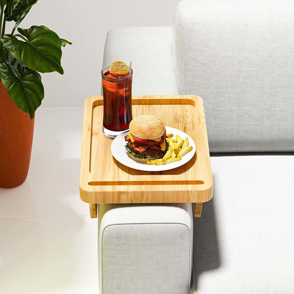 Doğal Bambu Dikdörtgen Telefon Tutuculu Koltuk Tepsisi/Sehpası