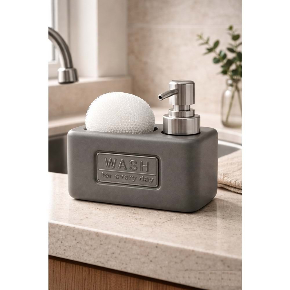 Süngerlikli Seramik Wash- Sıvı Sabunluk&Deterjanlık Gri
